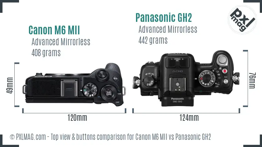 Canon M6 MII vs Panasonic GH2 top view buttons comparison