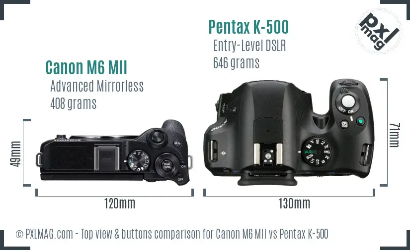 Canon M6 MII vs Pentax K-500 top view buttons comparison