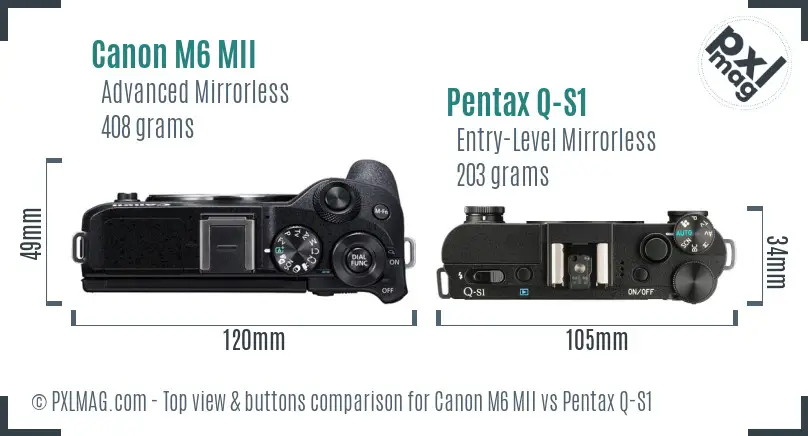 Canon M6 MII vs Pentax Q-S1 top view buttons comparison Canon M6 MII vs Pentax Q-S1 top view buttons comparison