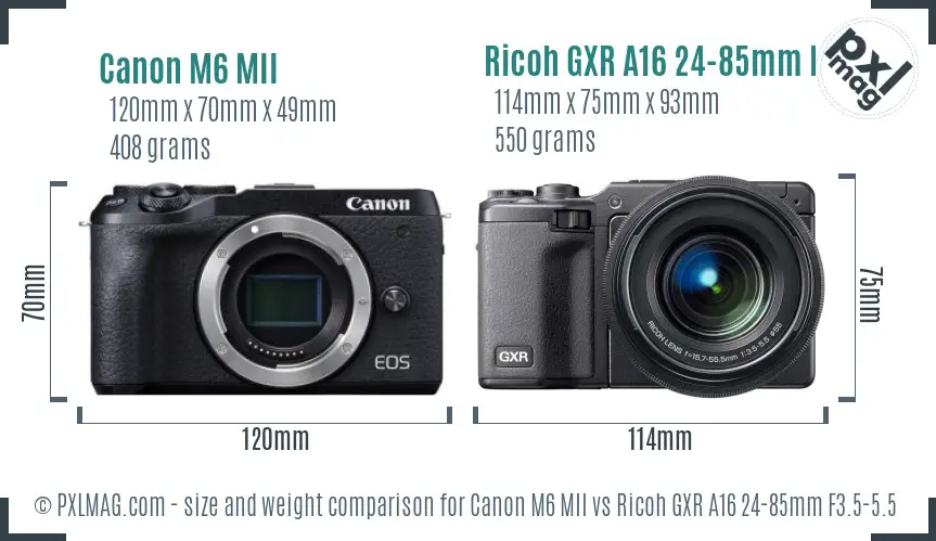 Canon M6 MII vs Ricoh GXR A16 24-85mm F3.5-5.5 size comparison