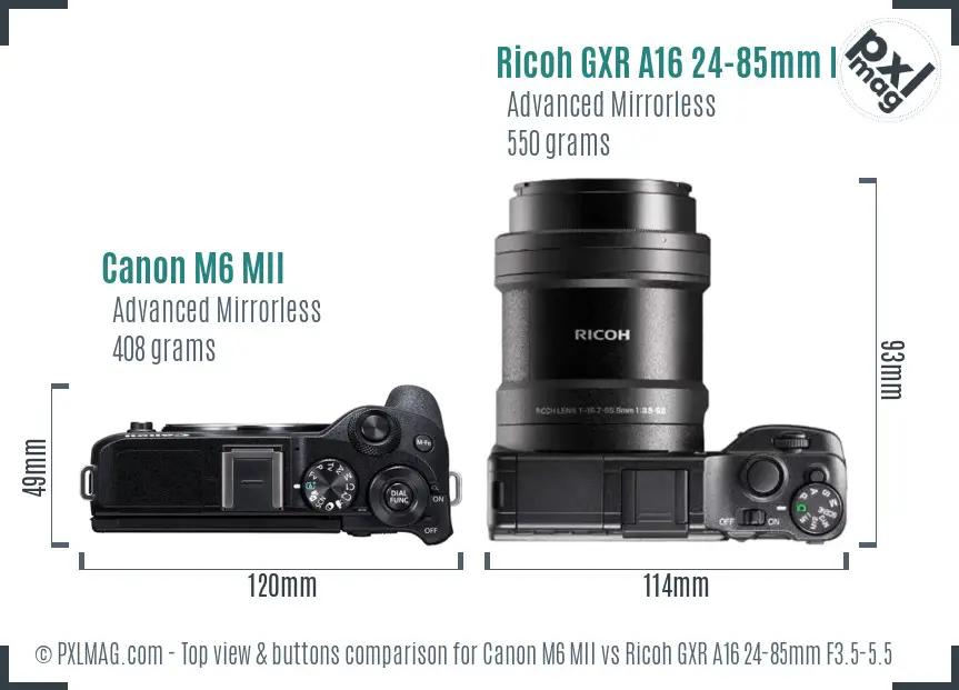 Canon M6 MII vs Ricoh GXR A16 24-85mm F3.5-5.5 top view buttons comparison
