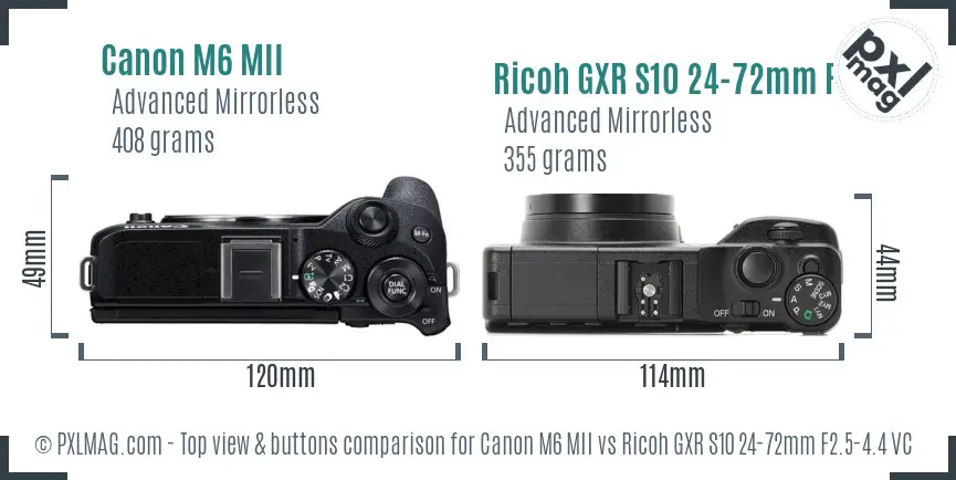 Canon M6 MII vs Ricoh GXR S10 24-72mm F2.5-4.4 VC top view buttons comparison Canon M6 MII vs Ricoh GXR S10 24-72mm F2.5-4.4 VC top view buttons comparison