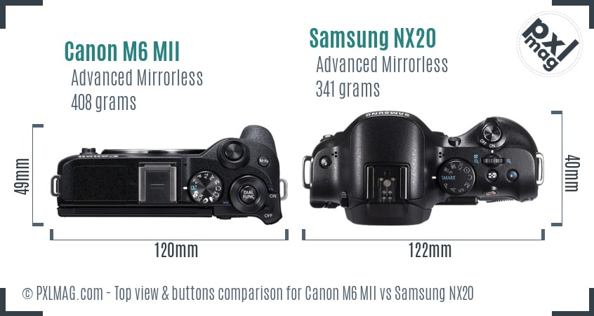 Canon M6 MII vs Samsung NX20 top view buttons comparison