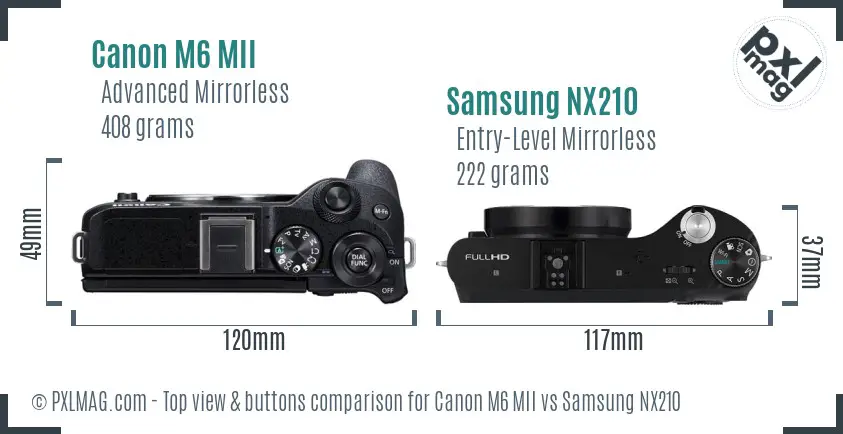Canon M6 MII vs Samsung NX210 top view buttons comparison Canon M6 MII vs Samsung NX210 top view buttons comparison