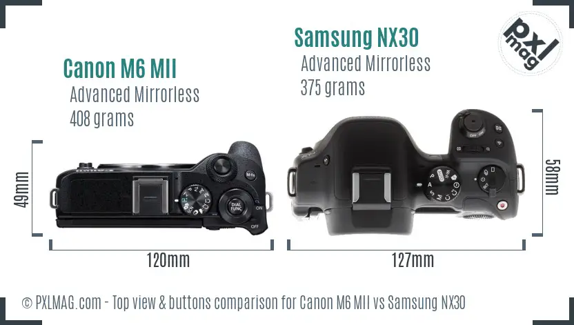 Canon M6 MII vs Samsung NX30 top view buttons comparison Canon M6 MII vs Samsung NX30 top view buttons comparison