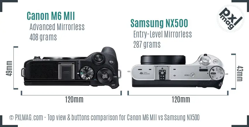 Canon M6 MII vs Samsung NX500 top view buttons comparison