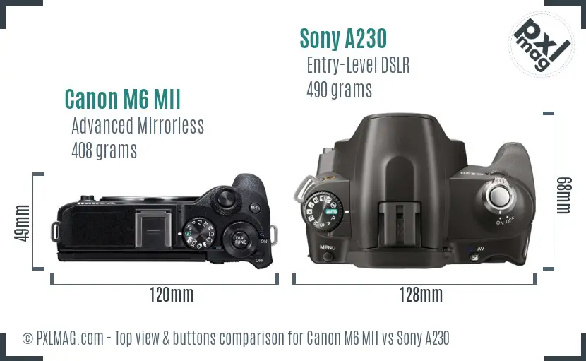 Canon M6 MII vs Sony A230 top view buttons comparison