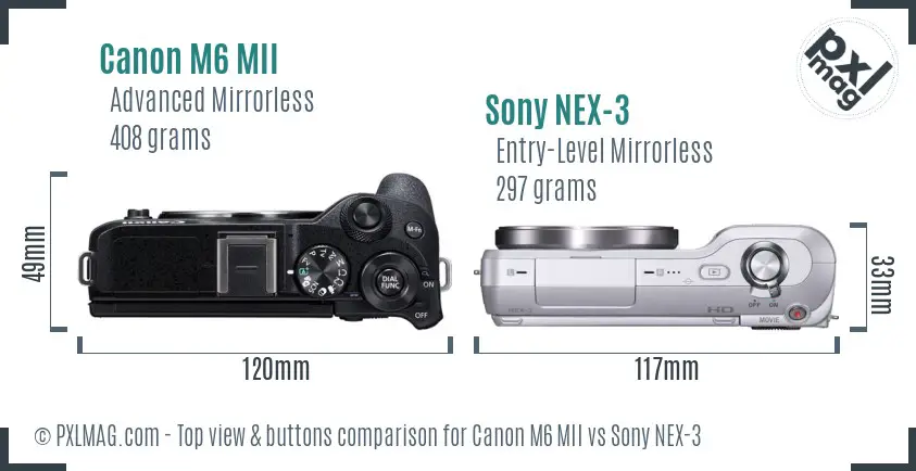 Canon M6 MII vs Sony NEX-3 top view buttons comparison