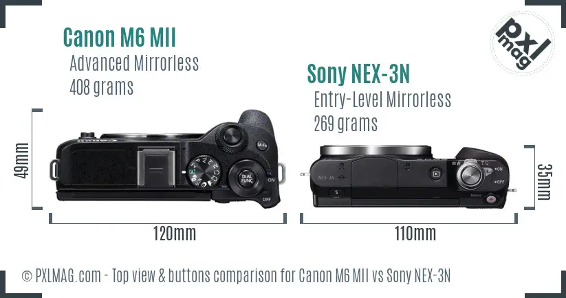 Canon M6 MII vs Sony NEX-3N top view buttons comparison