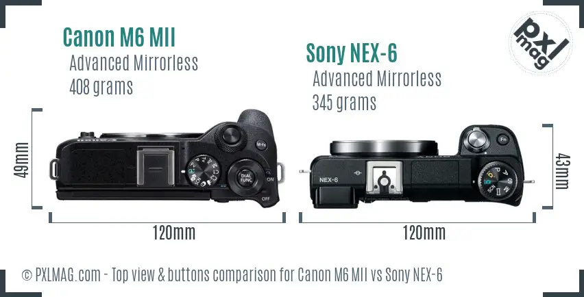 Canon M6 MII vs Sony NEX-6 top view buttons comparison