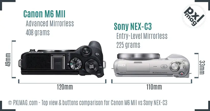 Canon M6 MII vs Sony NEX-C3 top view buttons comparison