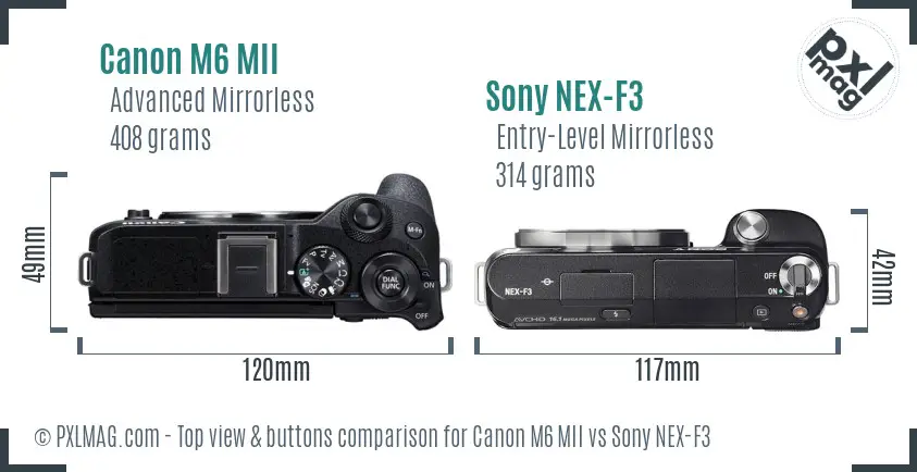 Canon M6 MII vs Sony NEX-F3 top view buttons comparison