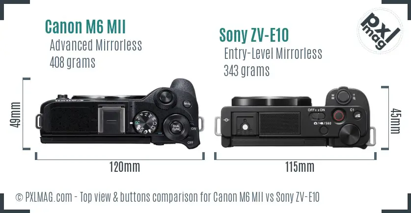 Canon M6 MII vs Sony ZV-E10 top view buttons comparison