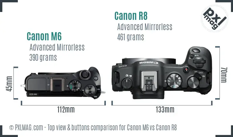Canon M6 vs Canon R8 top view buttons comparison