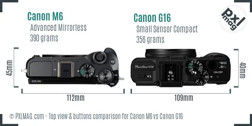 Canon M6 vs Canon G16 top view buttons comparison Canon M6 vs Canon G16 top view buttons comparison