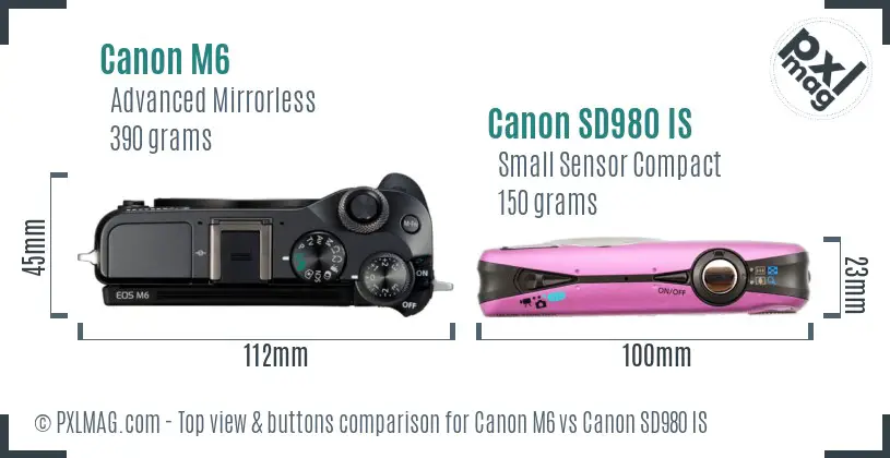 Canon M6 vs Canon SD980 IS top view buttons comparison