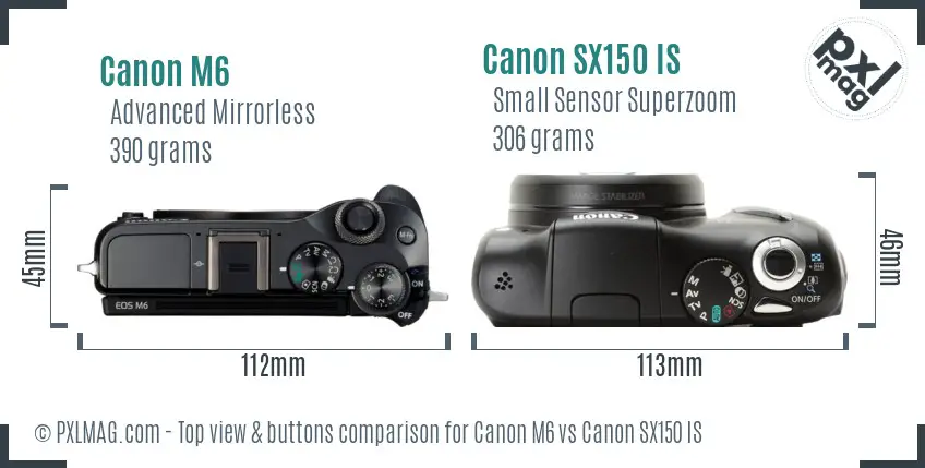 Canon M6 vs Canon SX150 IS top view buttons comparison