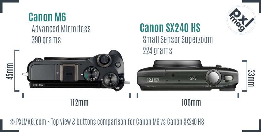 Canon M6 vs Canon SX240 HS top view buttons comparison