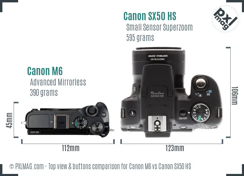 Canon M6 vs Canon SX50 HS top view buttons comparison