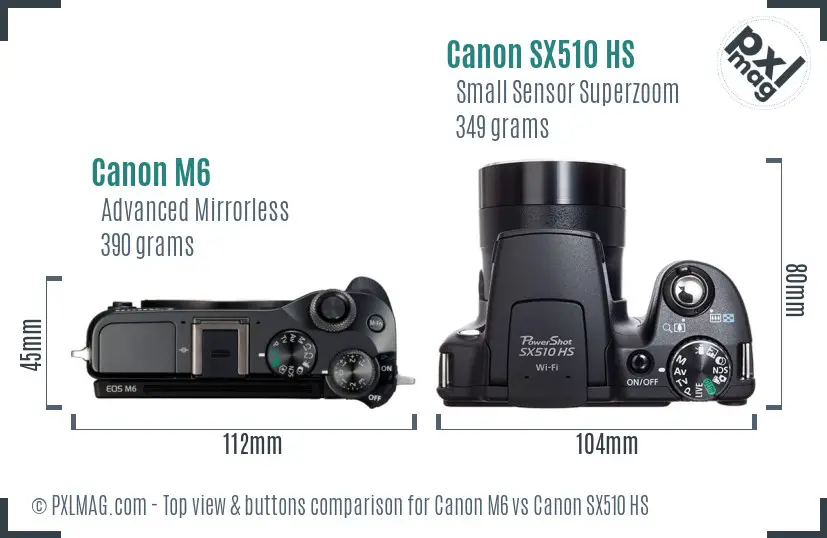 Canon M6 vs Canon SX510 HS top view buttons comparison