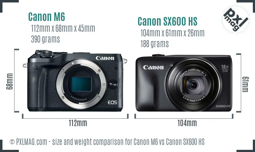 Canon M6 vs Canon SX600 HS size comparison
