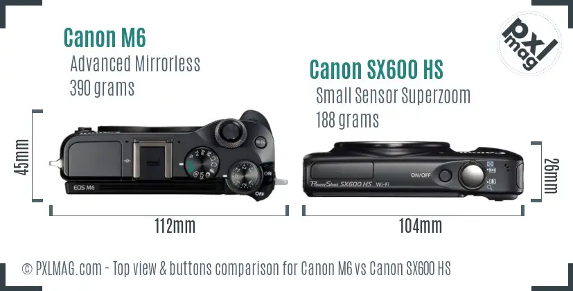 Canon M6 vs Canon SX600 HS top view buttons comparison