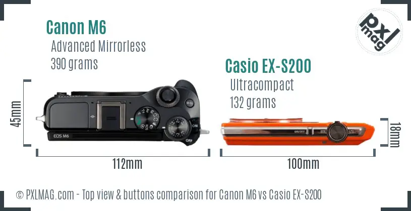 Canon M6 vs Casio EX-S200 top view buttons comparison