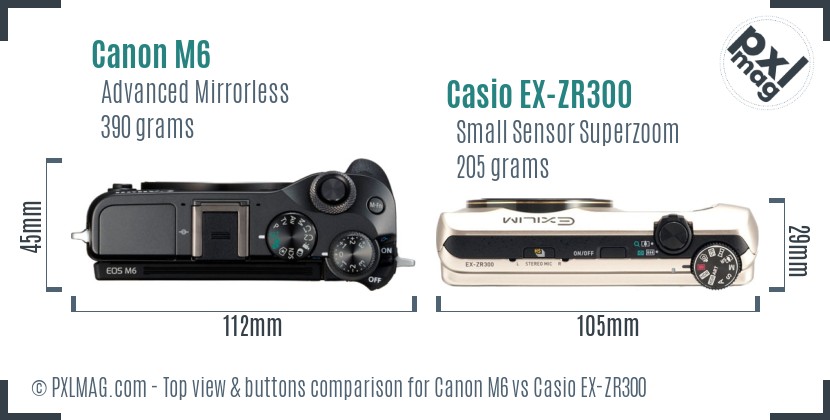 Canon M6 vs Casio EX-ZR300 top view buttons comparison