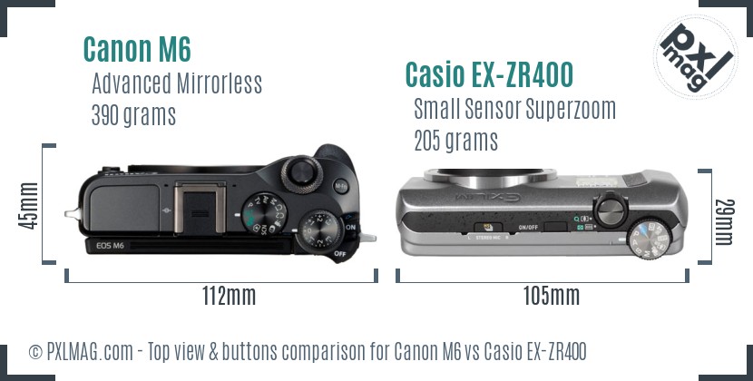 Canon M6 vs Casio EX-ZR400 top view buttons comparison