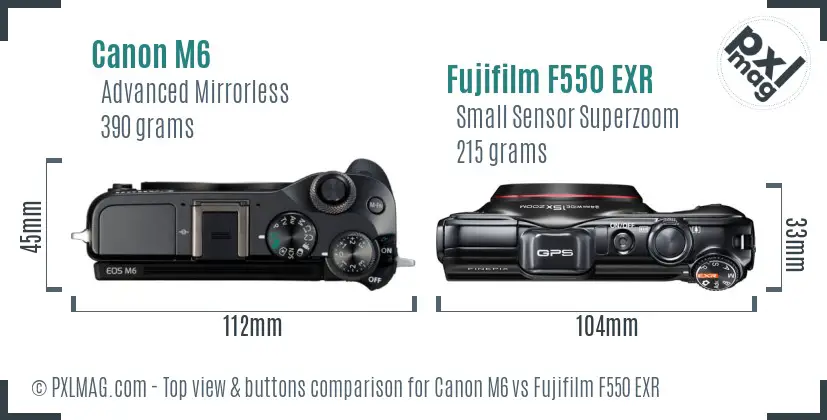 Canon M6 vs Fujifilm F550 EXR top view buttons comparison