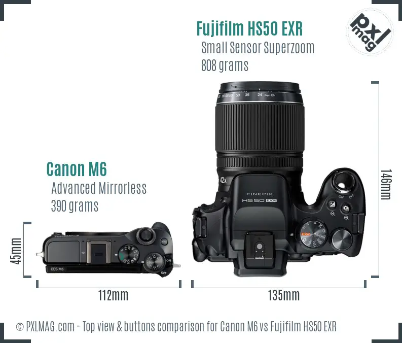 Canon M6 vs Fujifilm HS50 EXR top view buttons comparison Canon M6 vs Fujifilm HS50 EXR top view buttons comparison
