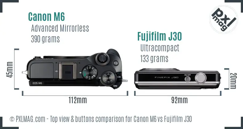 Canon M6 vs Fujifilm J30 top view buttons comparison Canon M6 vs Fujifilm J30 top view buttons comparison