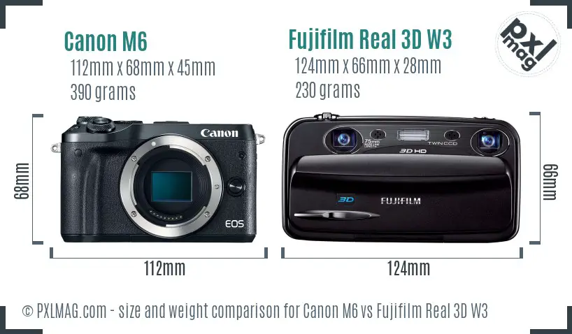 Canon M6 vs Fujifilm Real 3D W3 size comparison