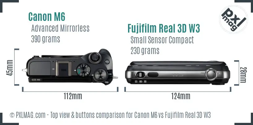Canon M6 vs Fujifilm Real 3D W3 top view buttons comparison