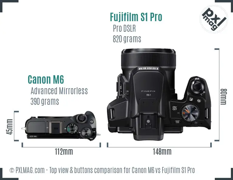 Canon M6 vs Fujifilm S1 Pro top view buttons comparison