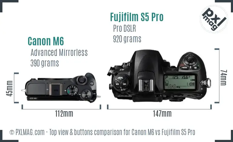 Canon M6 vs Fujifilm S5 Pro top view buttons comparison Canon M6 vs Fujifilm S5 Pro top view buttons comparison