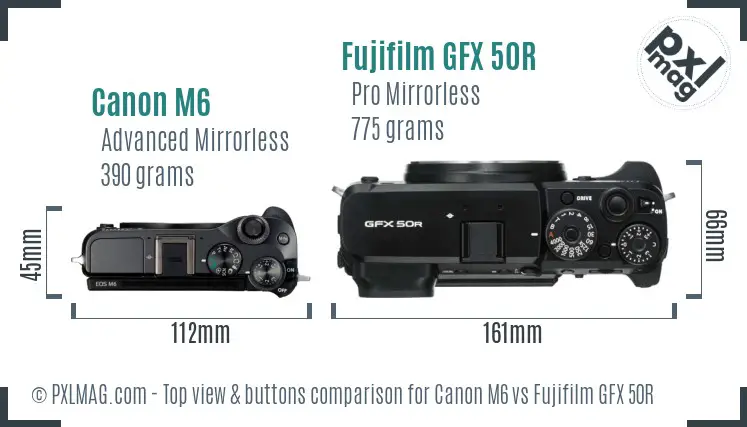 Canon M6 vs Fujifilm GFX 50R top view buttons comparison