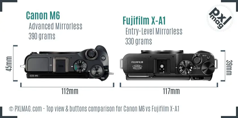 Canon M6 vs Fujifilm X-A1 top view buttons comparison