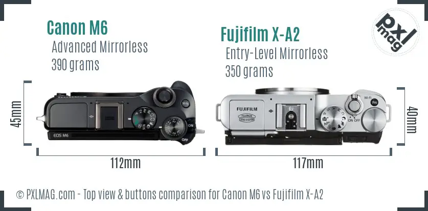 Canon M6 vs Fujifilm X-A2 top view buttons comparison