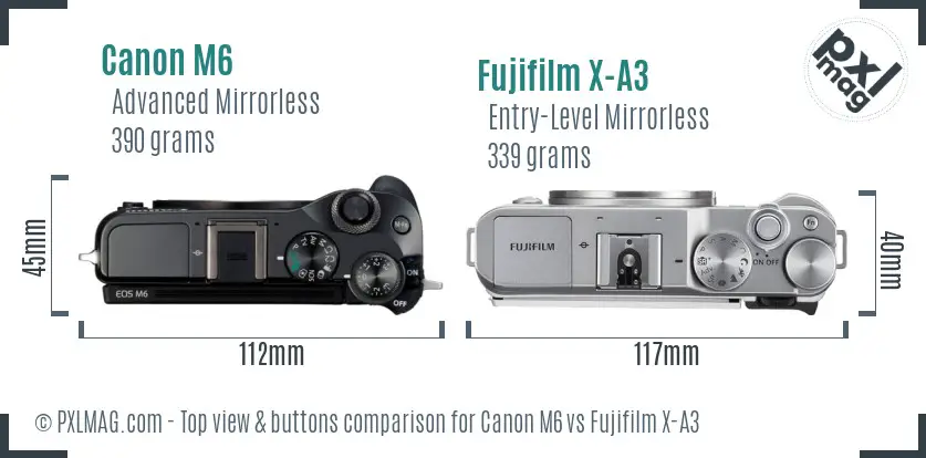 Canon M6 vs Fujifilm X-A3 top view buttons comparison