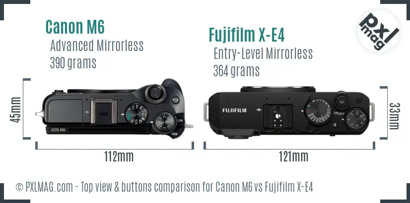 Canon M6 vs Fujifilm X-E4 top view buttons comparison Canon M6 vs Fujifilm X-E4 top view buttons comparison