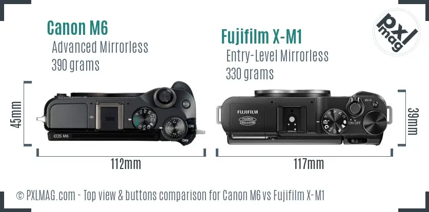 Canon M6 vs Fujifilm X-M1 top view buttons comparison