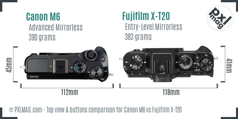 Canon M6 vs Fujifilm X-T20 top view buttons comparison