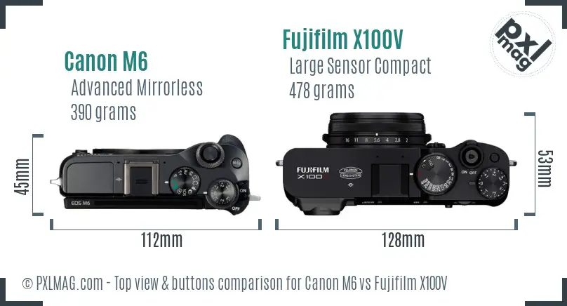 Canon M6 vs Fujifilm X100V top view buttons comparison Canon M6 vs Fujifilm X100V top view buttons comparison
