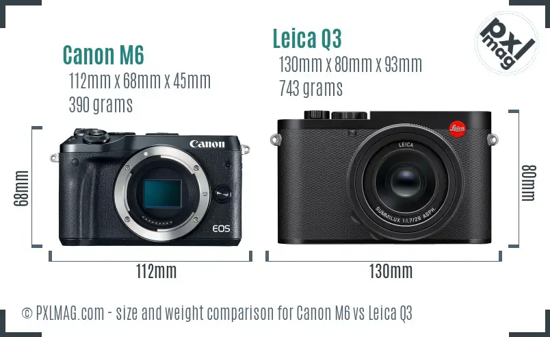 A side-by-side view showing the physical size and ergonomics difference between Canon EOS M6 and Leica Q3