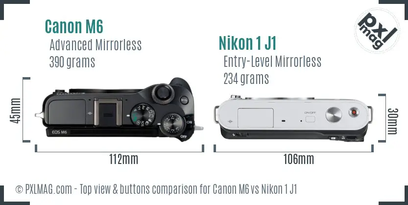 Canon M6 vs Nikon 1 J1 top view buttons comparison