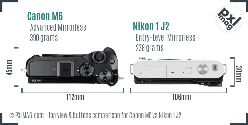 Canon M6 vs Nikon 1 J2 top view buttons comparison Canon M6 vs Nikon 1 J2 top view buttons comparison