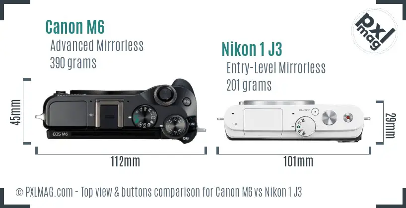 Canon M6 vs Nikon 1 J3 top view buttons comparison
