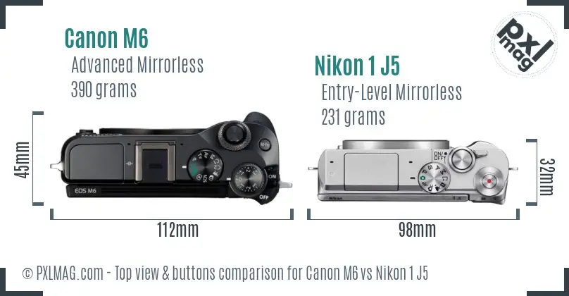 Canon M6 vs Nikon 1 J5 top view buttons comparison