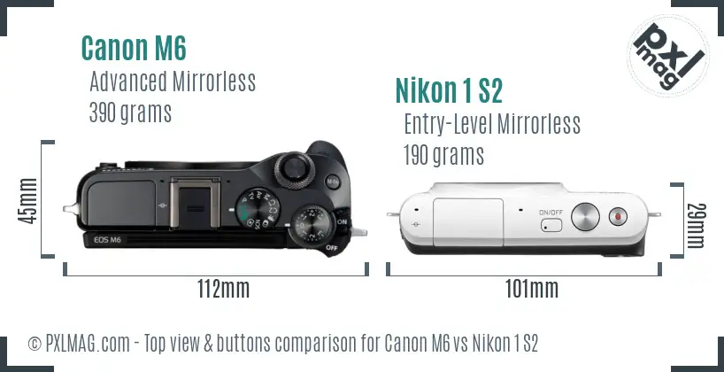 Canon M6 vs Nikon 1 S2 top view buttons comparison